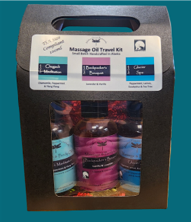 Massage oil travel kit with bottles and labels on a teal background